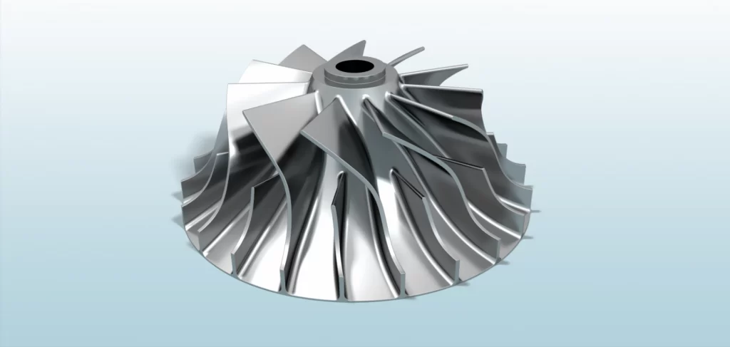 3D rendering of a metallic turbine wheel with curved blades, designed for optimal airflow and fluid dynamics applications.
