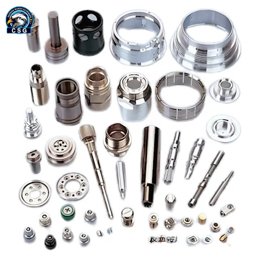 An array of precision-engineered metal components, including various shapes and sizes, displayed neatly on a white background.
