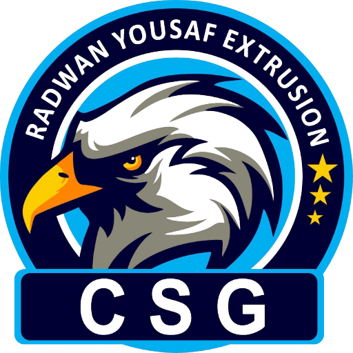Logo featuring a stylized eagle's head, surrounded by a circular design, with "Radwan Yousaf Extrusion" and "CSG" displayed prominently.