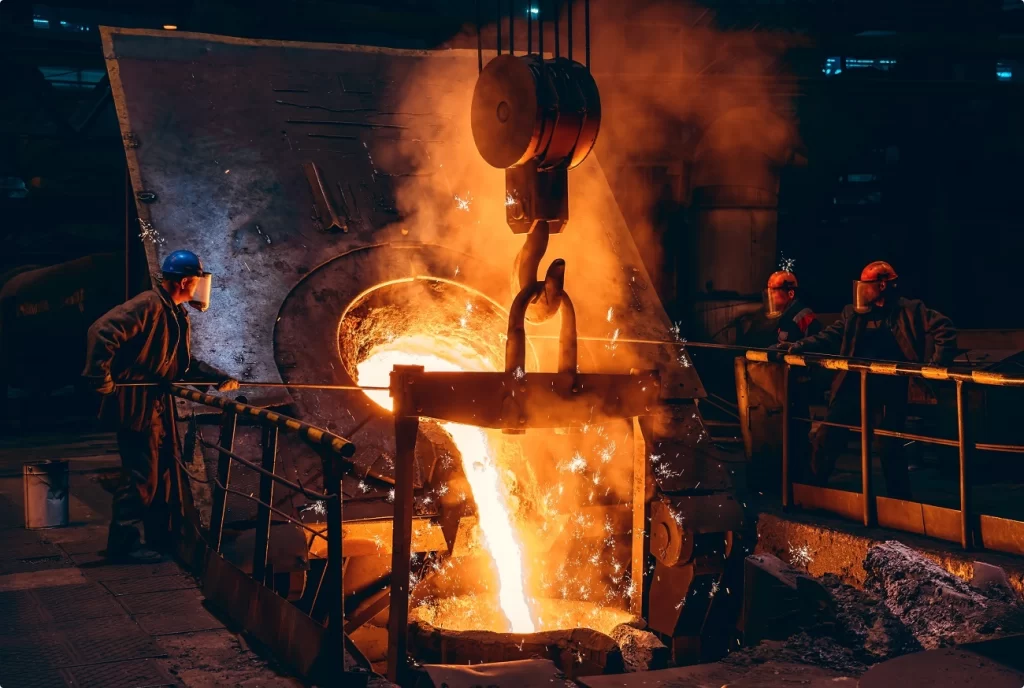 Workers pour molten metal from a large furnace in a dimly lit industrial setting, with smoke and sparks illuminating the scene. For Top UAE Metal Casting Services.