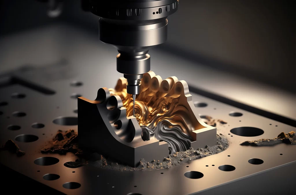 A high-precision CNC machine milling intricate patterns into a metallic workpiece, surrounded by metal shavings and dust.
