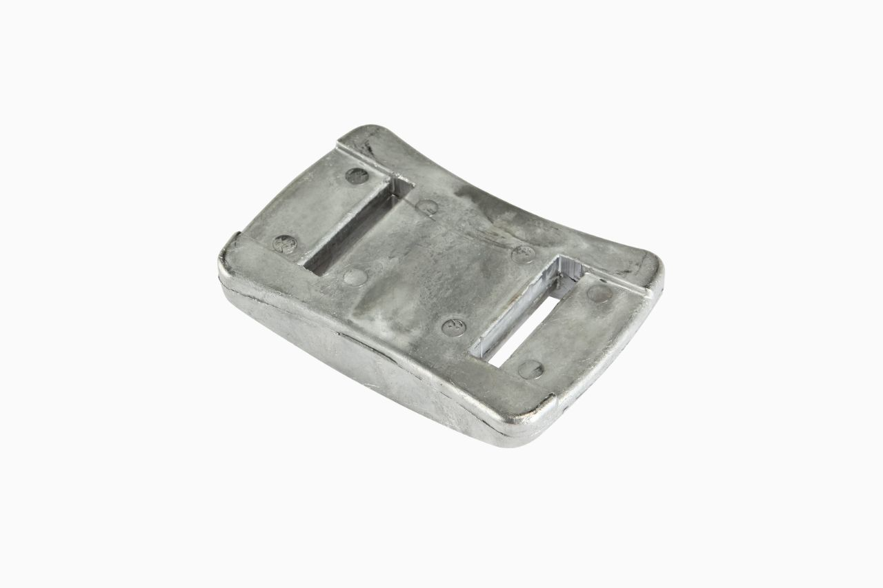 Metallic rectangular buckle with rounded corners, featuring two slots for strap attachment and a smooth, reflective surface.
