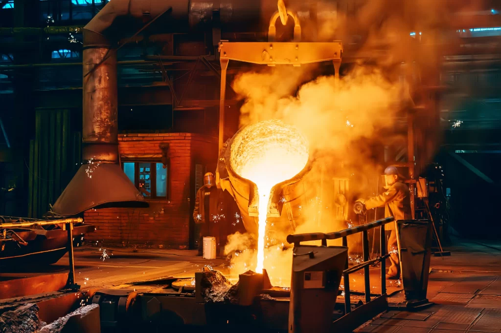 A man carefully pours molten metal into a large furnace, highlighting the critical steps in the metal production process at a metal casting company.