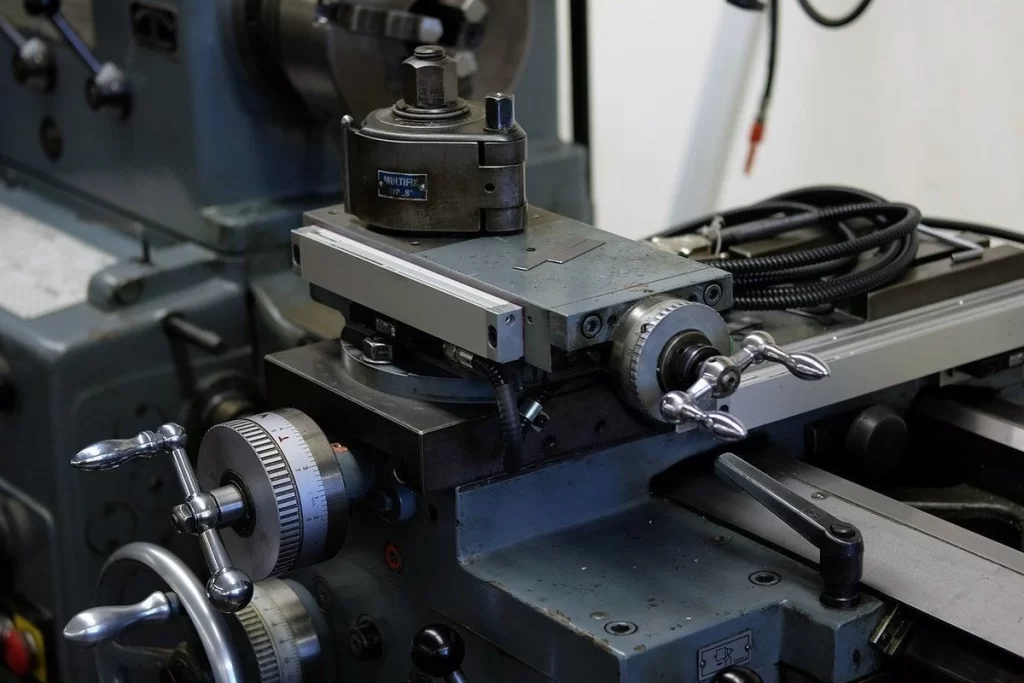 Close-up of a precision milling machine, featuring adjustable knobs and a tool holder, set against a backdrop of industrial machinery and lathe works.
