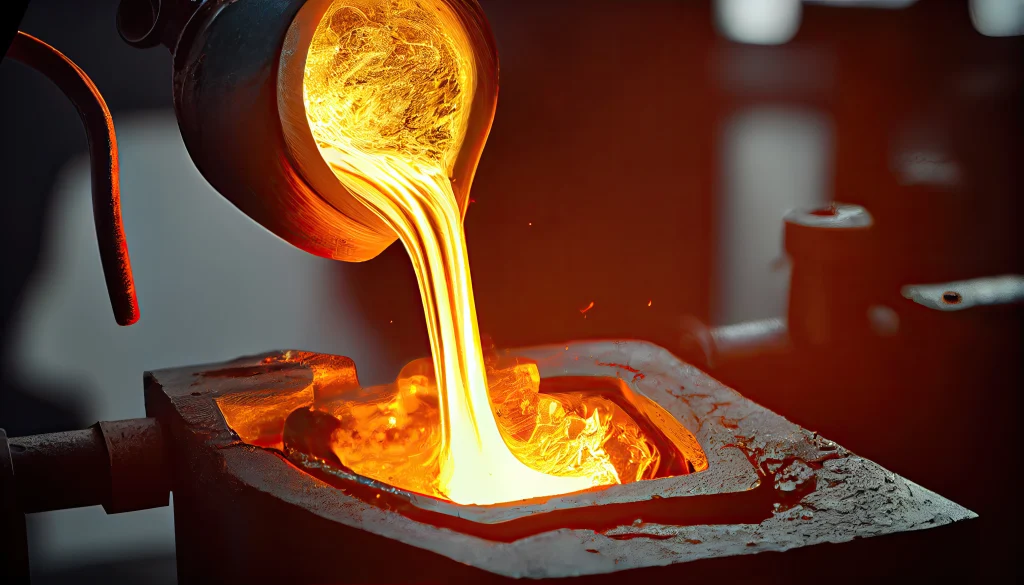 A bright, molten metal is pouring from a ladle into a mold during brass casting, illuminating the dark surroundings with fiery orange and yellow hues.