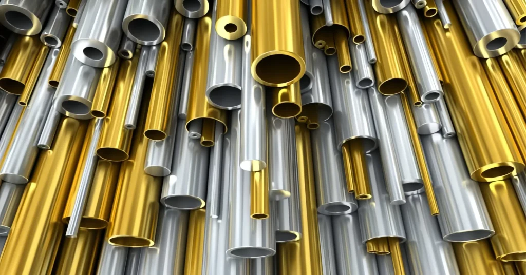 A collection of closely packed, reflective metal tubes in varying lengths and diameters, made from aluminum, brass, and bronze, and finished in gold and silver tones, create a modern, abstract pattern.