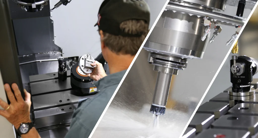 Machinist working on CNC machine with coolant spray and measuring probe, showing industrial work at a precision casting company.