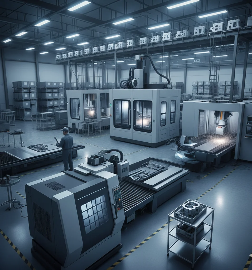 A modern factory with advanced robots and workers, showcasing precision aluminium manufacturing.