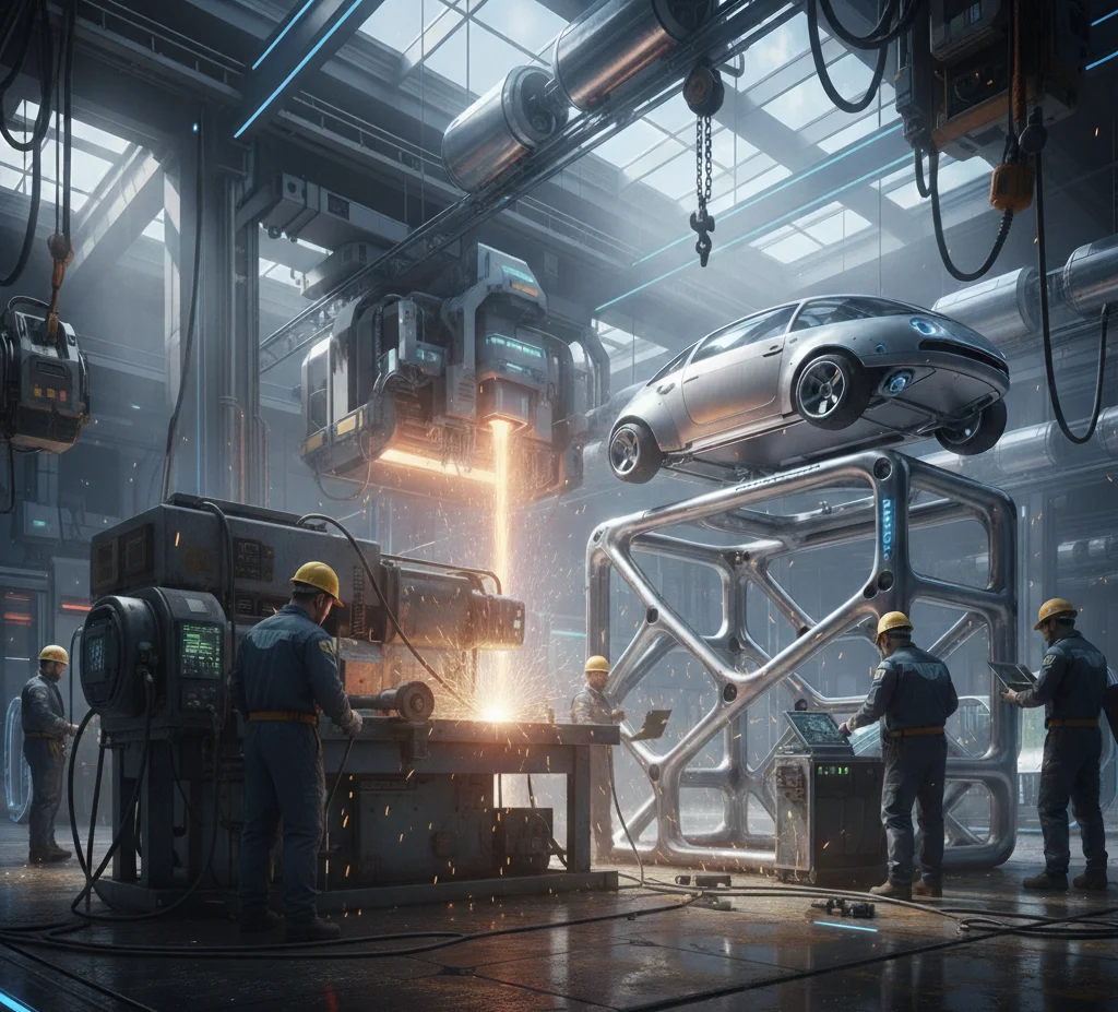 Futuristic factory with robots, workers, and elevated car showcasing innovative aluminium solutions.