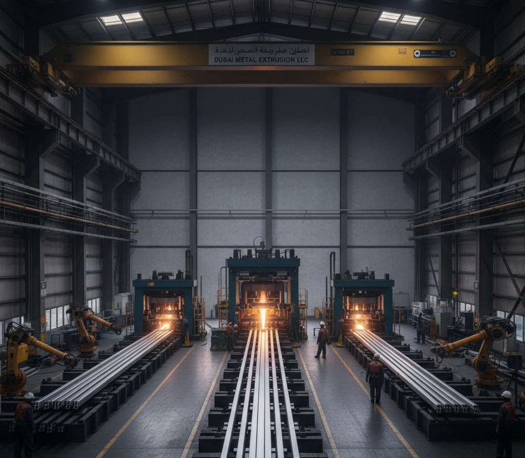 Industrial interior of a metal extrusion factory, featuring three glowing machines processing metal. Workers oversee operations in a high-ceilinged space, showcasing precision metal extrusion Dubai processes.