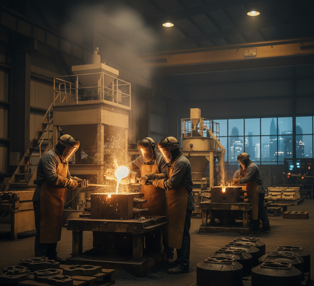 Four factory workers in protective gear pour molten metal into molds in an industrial workshop, highlighting the expertise of one of the leading aluminum extrusion companies in UAE. Dim lighting and sparking metal create an intense and focused atmosphere.