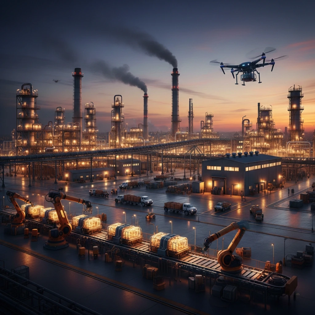 Factory at dusk with lights and smoke, drone above, showcasing advanced metal casting solutions. foundries in uae.