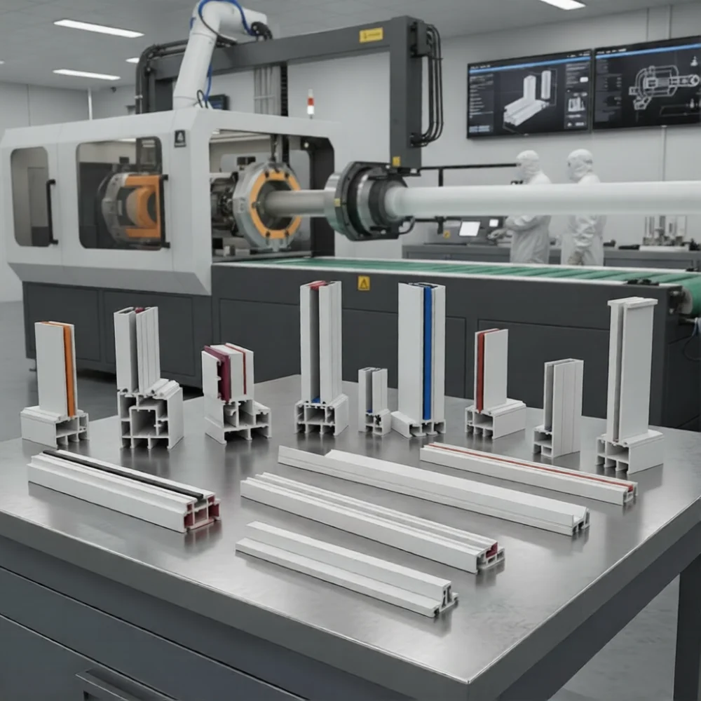 Custom PVC extrusion solutions displayed on a metal table in a clean industrial setting.