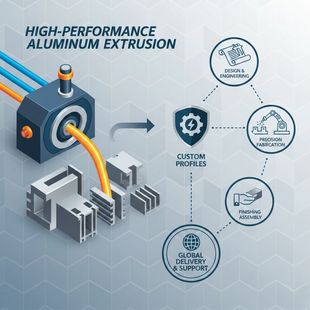 Illustration of high-performance aluminum extrusion solutions with machinery and custom profiles.