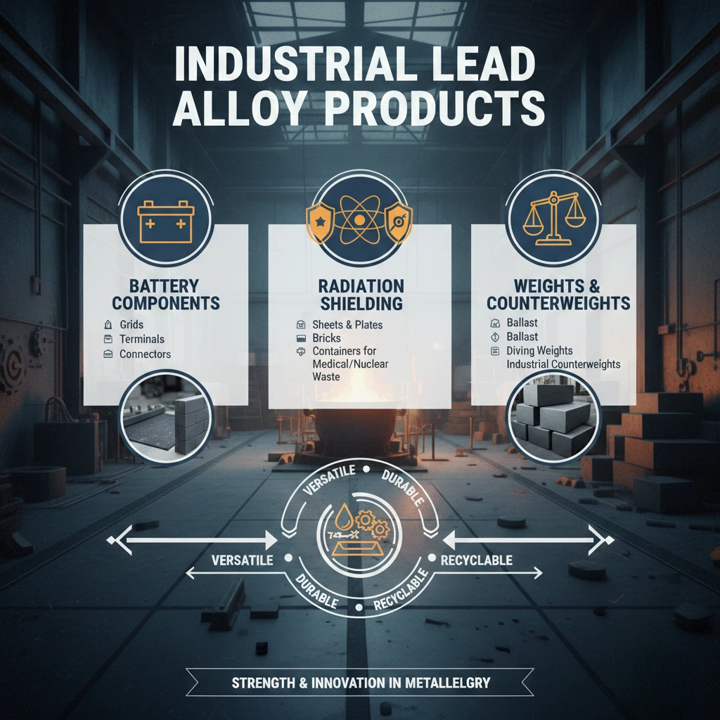 Factory infographic showing lead alloy extrusion solutions: batteries, shielding, weights; durables.