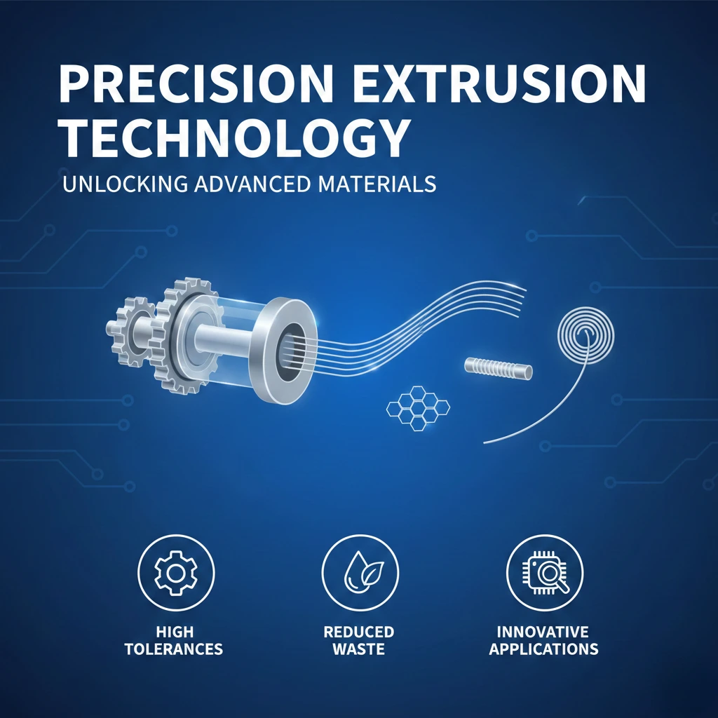 Blue background featuring precision extrusion technology, gears, tube illustration, and icons for high tolerances, reduced waste, and innovation.