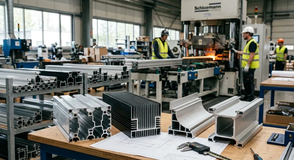 Workers in safety vests and helmets operate machinery in a factory, while a table in the foreground displays custom aluminium extrusion Oman, technical drawings, and calipers.