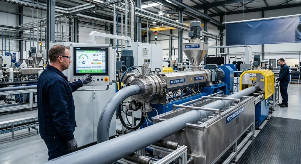 A technician operates Next Generation Pipe Extrusion Machines in a modern factory, monitoring advanced control panels.