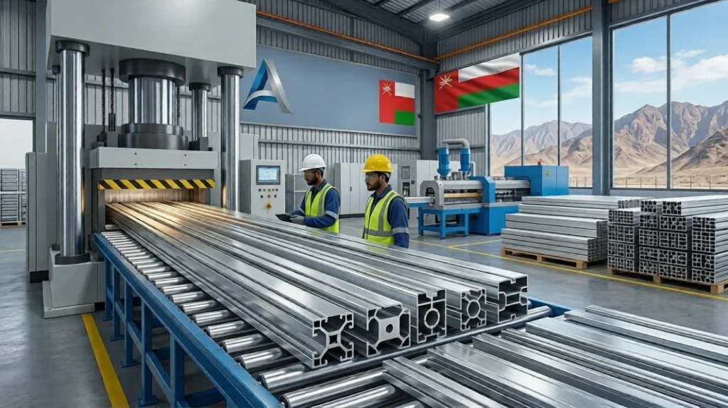 Industrial factory interior in Oman with workers inspecting machinery for aluminium extrusion Oman.