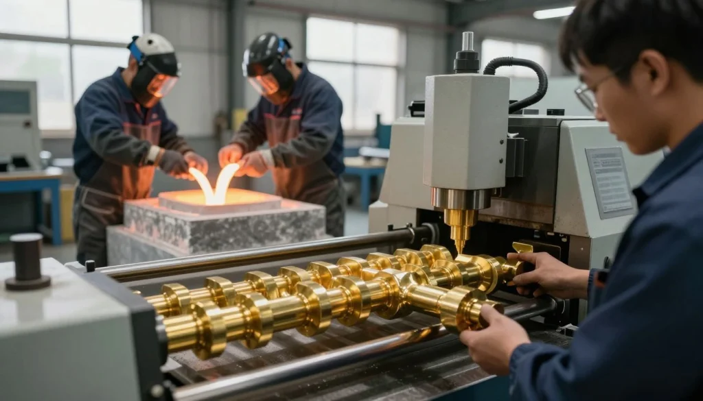 Three workers provide precision brass extrusion solutions, shaping molten metal and a golden gear with expert teamwork in factory.